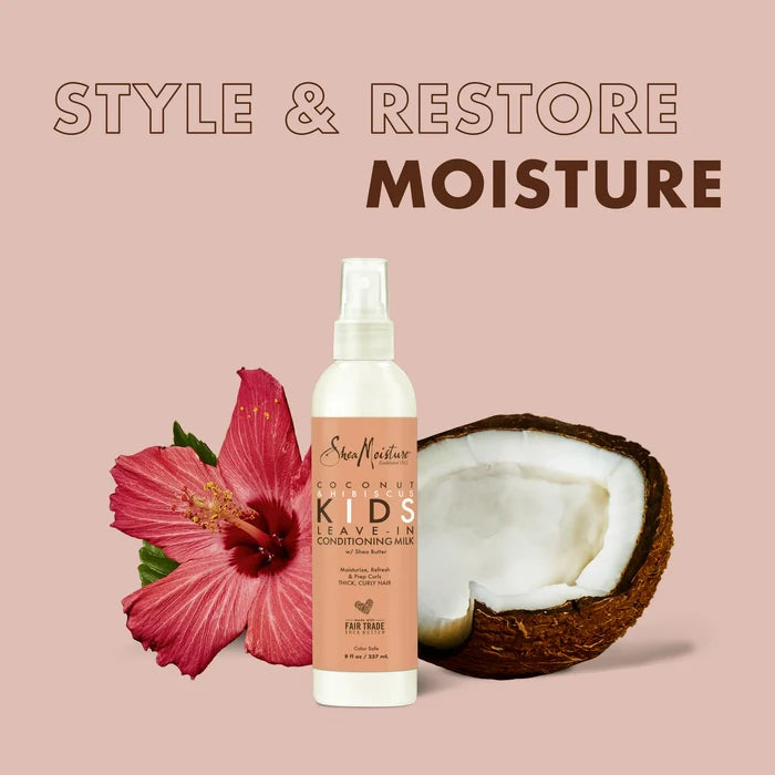SHEA MOISTRE coconut & hibsicus kids leave in conditioner milk w shea butter color safe ليف إن كوندشنر للأطفال بجوز الهند والكركديه لترطيب وفك التشابك من شيا مويستر
