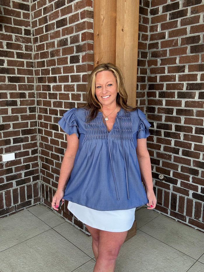 She+Sky Denim Blue Ruffle Sleeve Top