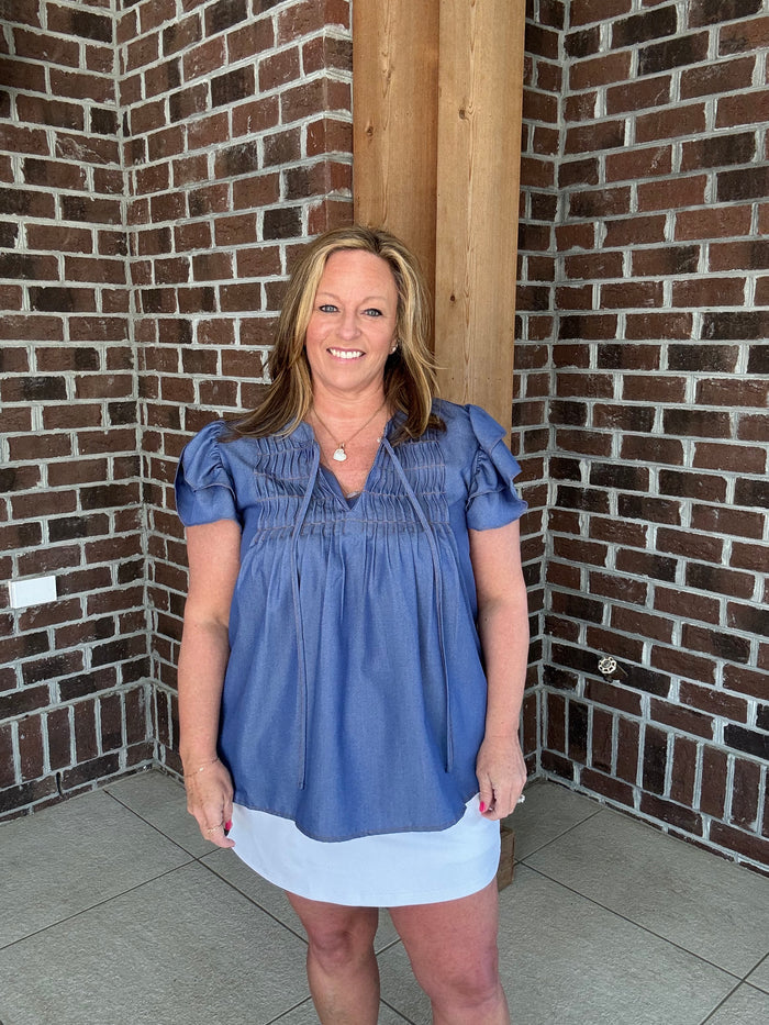 She+Sky Denim Blue Ruffle Sleeve Top