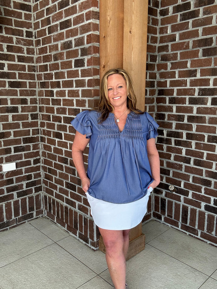 She+Sky Denim Blue Ruffle Sleeve Top