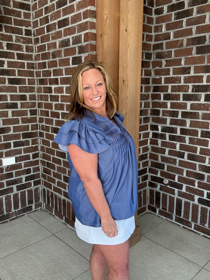 She+Sky Denim Blue Ruffle Sleeve Top