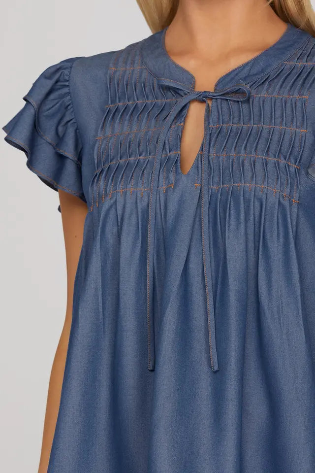 She+Sky Denim Blue Ruffle Sleeve Top