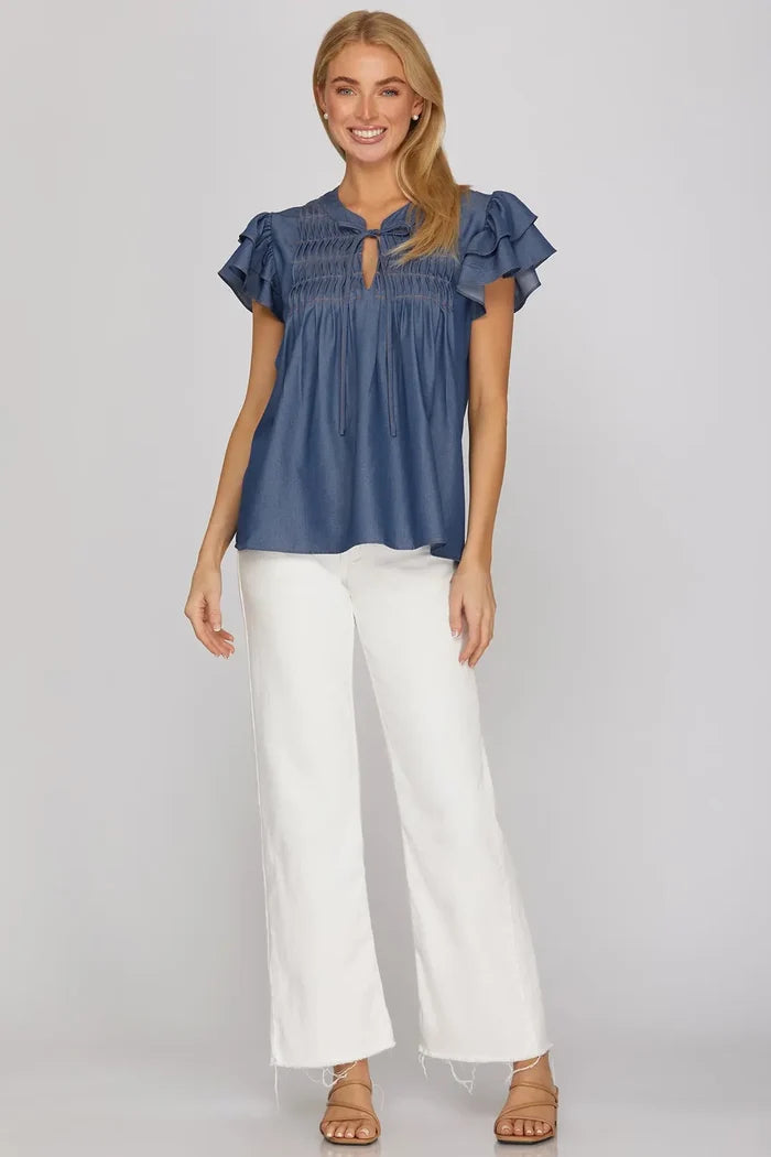 She+Sky Denim Blue Ruffle Sleeve Top