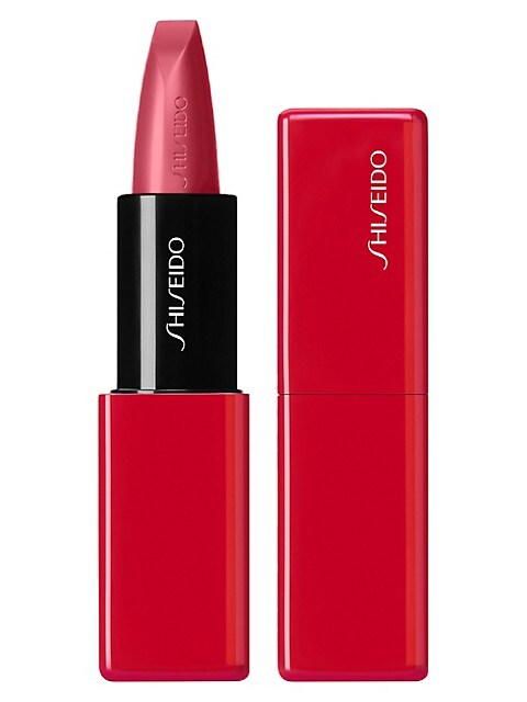 Shiseido Technosatin Gel Lipstick in various shades, vibrant and smooth, displayed in a beauty product image.