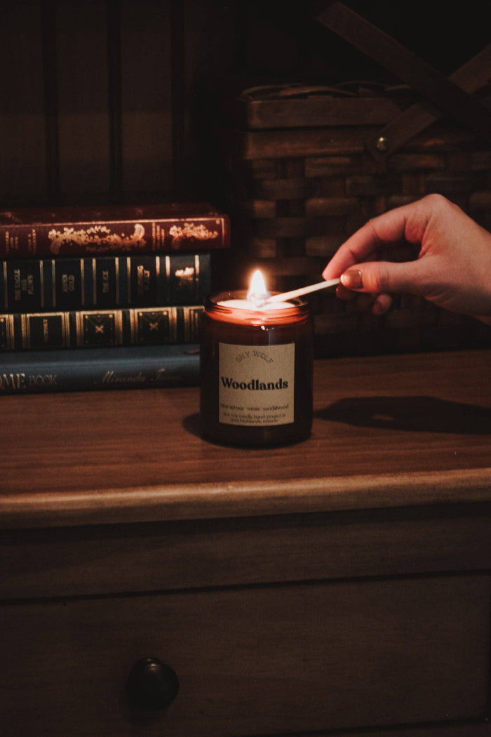 Shy Wolf Candles Woodlands autumn candle with forest-inspired design, perfect for fall home decor and cozy ambiance.