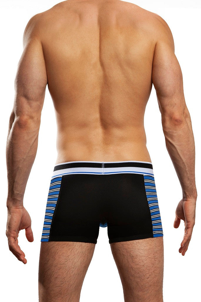 Man standing wearing a pair of Jack Adams blue Side Line Trunk (back view) on a white background.
