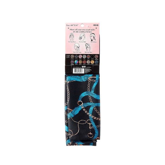 RED BEAUTY by KISS silky satin wrap scarf black with turquoise chain and ring print packaged with styling card