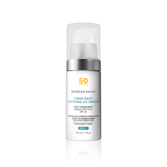 SkinCeuticals Clear Daily Soothing UV Defense sunscreen bottle on a white background