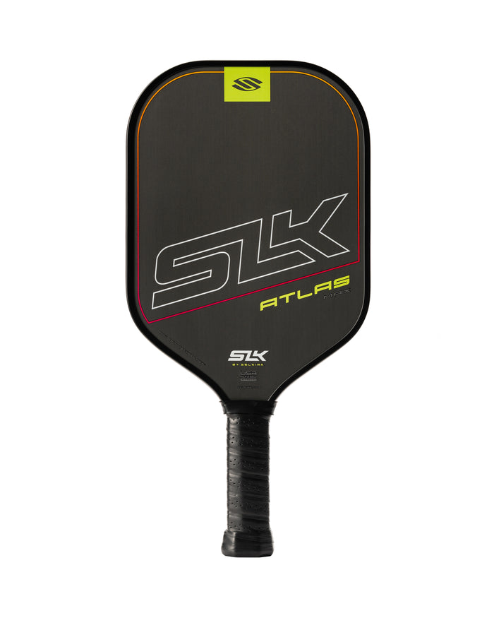 SLK Atlas pickleball paddle in Ember color with raw carbon surface and grip
