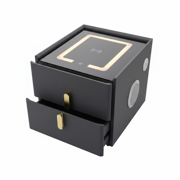 Smart bedside table with LED lights and Bluetooth speakers on white background