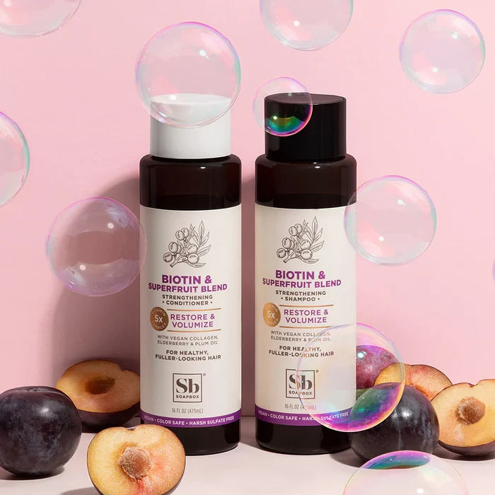 SOAPBOX bioten & superfruit blend strengthening shampoo restore & volumize 5X for healthy fuller looking hair شامبو الشعر