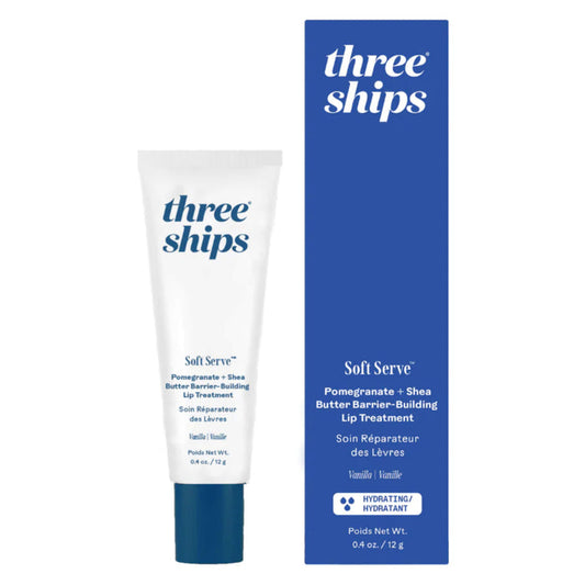 Bottle & Box of Three Ships SoftServe Pomegranate + Shea Butter Barrier-Building Lip Treatment 12g