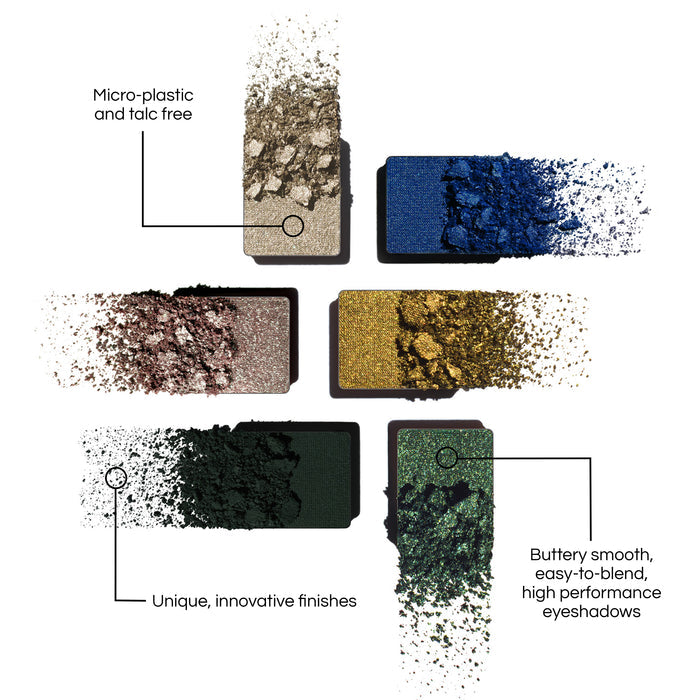 Eyeshadows from the Sorcery Eyeshadow Palette, with benefits written out: Micro-plastic and talc free. Unique, innovative finishes. Butter smooth, easy-to-blend, high performance eyeshadows.