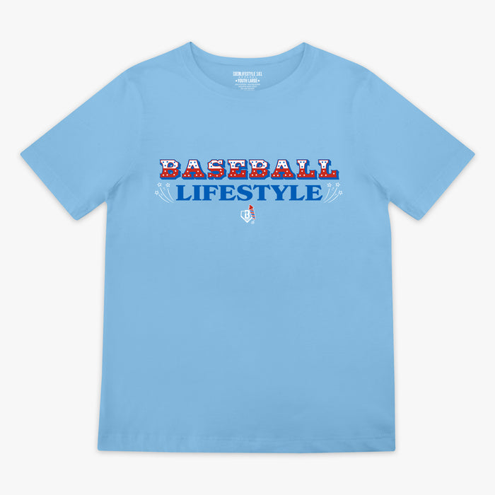 4th of July light blue baseball tee with red, white, and blue Baseball Lifestyle firework sparkler graphic