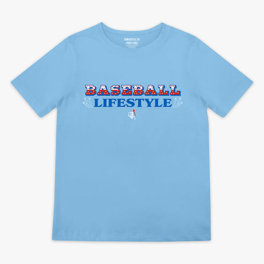 4th of July light blue baseball tee with red, white, and blue Baseball Lifestyle firework sparkler graphic