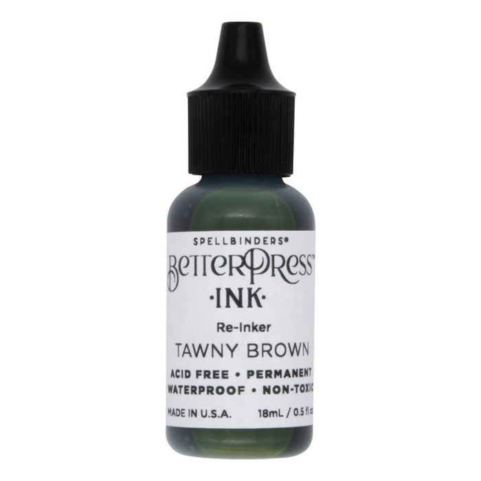 Spellbinders - BetterPress - Ink Reinker - Select from Drop Down. To reink, simply add a few drops of ink from the reinker bottle onto the ink pad and spread evenly. Available at Embellish Away located in Bowmanville Ontario Canada. Tawny Brown