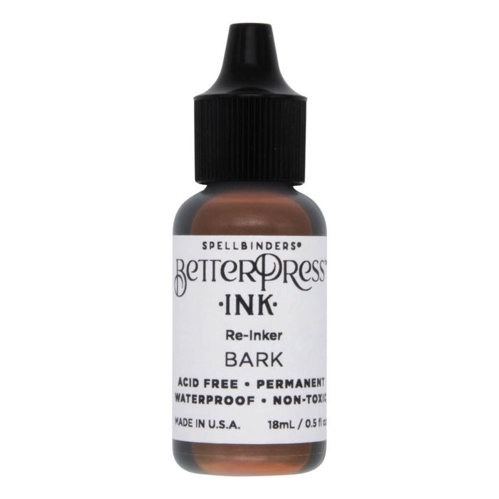 Spellbinders - BetterPress - Ink Reinker - Select from Drop Down. To reink, simply add a few drops of ink from the reinker bottle onto the ink pad and spread evenly. Available at Embellish Away located in Bowmanville Ontario Canada. Bark