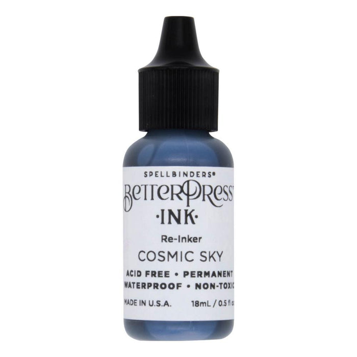 Spellbinders - BetterPress - Ink Reinker - Select from Drop Down. To reink, simply add a few drops of ink from the reinker bottle onto the ink pad and spread evenly. Available at Embellish Away located in Bowmanville Ontario Canada. Cosmic Sky