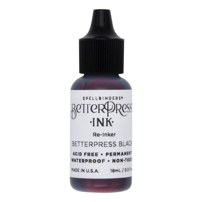 Spellbinders - BetterPress - Ink Reinker - Select from Drop Down. To reink, simply add a few drops of ink from the reinker bottle onto the ink pad and spread evenly. Available at Embellish Away located in Bowmanville Ontario Canada. Black