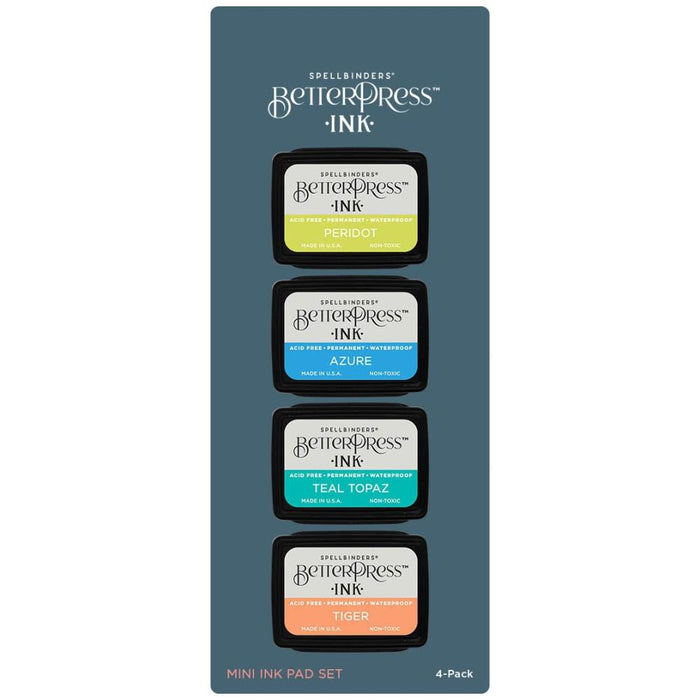 Spellbinders - BetterPress Letterpress Mini Ink Pad Set - 4/Pkg - Tropical. Tropical Ink Mini Set includes four 1.25 x 1.75-inch ink pads in the colors of Peridot, Tiger, Teal Topaz, and Azure for a set that conjures sunny days and ocean vistas. Available at Embellish Away located in Bowmanville Ontario Canada.