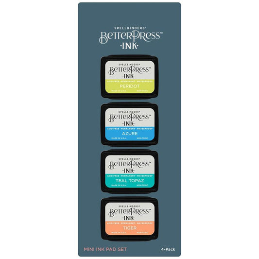 Spellbinders - BetterPress Letterpress Mini Ink Pad Set - 4/Pkg - Tropical. Tropical Ink Mini Set includes four 1.25 x 1.75-inch ink pads in the colors of Peridot, Tiger, Teal Topaz, and Azure for a set that conjures sunny days and ocean vistas. Available at Embellish Away located in Bowmanville Ontario Canada.