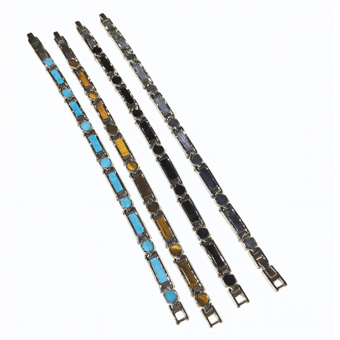 Stainless Steel Gemstone Link Bracelets – 7mm Width, Adjustable 19–22cm Length