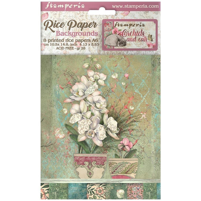 Stamperia - Assorted Rice Paper Backgrounds A6 8/Pkg - Orchids And Cats. Rice papers are wafer thin and can be used for wrapping, decoupage, painting, molding and are perfect for mixed media projects and other paper crafts. Available at Embellish Away located in Bowmanville Ontario Canada.