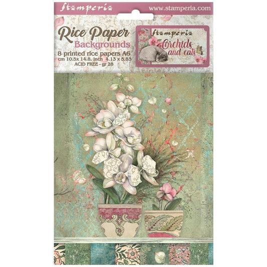 Stamperia - Assorted Rice Paper Backgrounds A6 8/Pkg - Orchids And Cats. Rice papers are wafer thin and can be used for wrapping, decoupage, painting, molding and are perfect for mixed media projects and other paper crafts. Available at Embellish Away located in Bowmanville Ontario Canada.