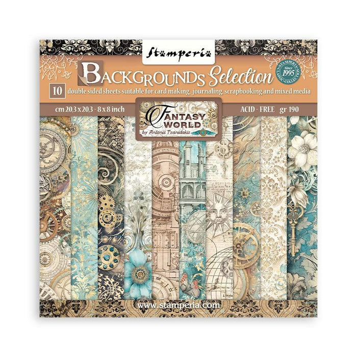 Stamperia - Backgrounds Double-Sided Paper Pad 8"X8" - 10/Pkg - Sir Vagabond In Fantasy World. The perfect start to your scrapbooks, cards and more! Available at Embellish Away located in Bowmanville Ontario Canada.