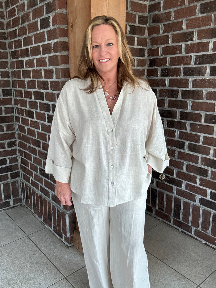 Stitch & Co Oatmeal Woven Button Up Top