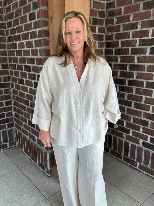 Stitch & Co Oatmeal Woven Button Up Top