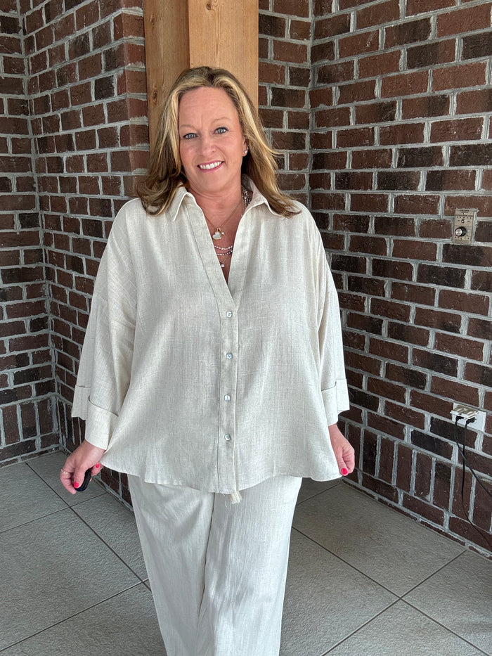 Stitch & Co Oatmeal Woven Button Up Top