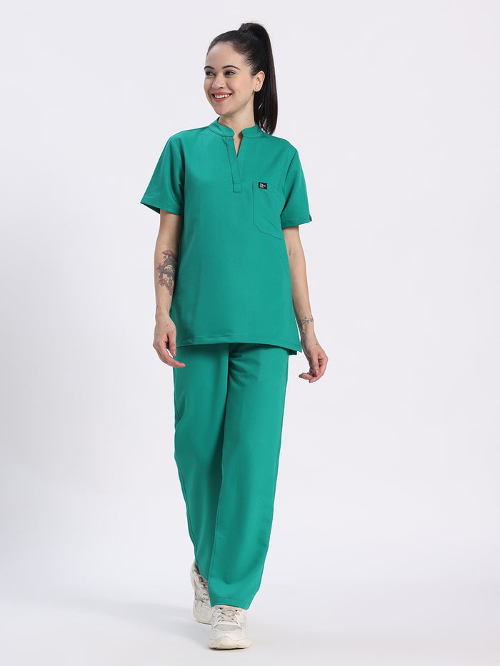 Stretchable (4Way) Women Sea Green Mandarin Neck With Straight Pant Set