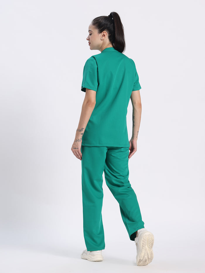 Stretchable (4Way) Women Sea Green Mandarin Neck With Straight Pant Set