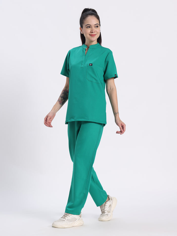 Stretchable (4Way) Women Sea Green Mandarin Neck With Straight Pant Set