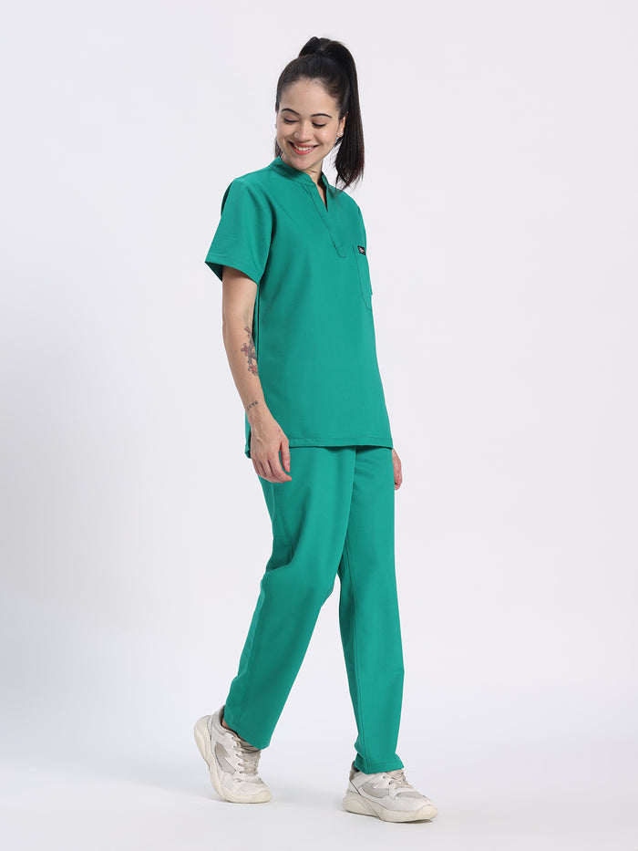 Stretchable (4Way) Women Sea Green Mandarin Neck With Straight Pant Set