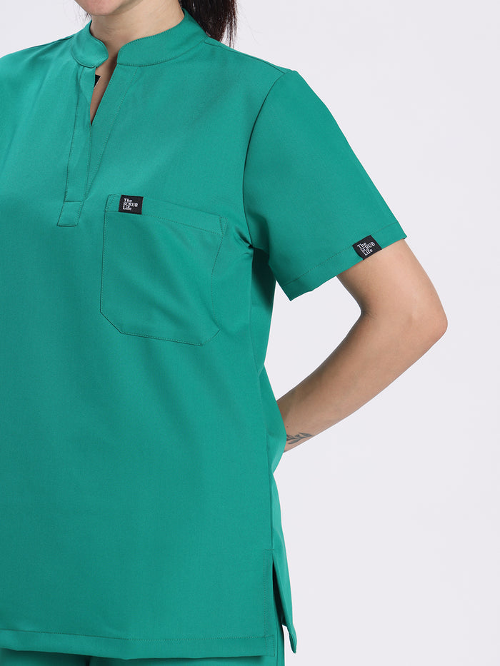 Stretchable (4Way) Women Sea Green Mandarin Neck With Straight Pant Set
