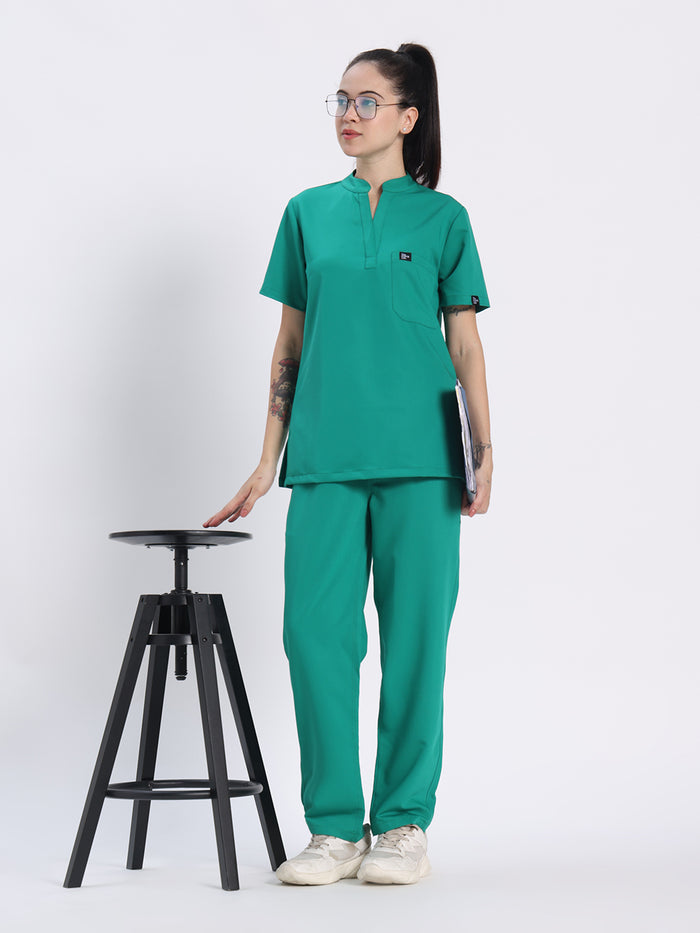 Stretchable (4Way) Women Sea Green Mandarin Neck With Straight Pant Set