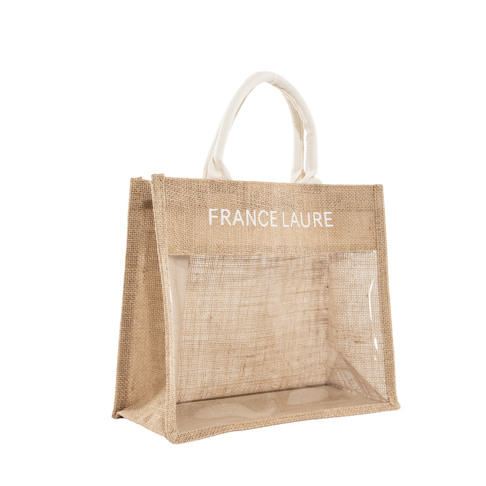 France Laure branded jute tote bag with clear front panel and white handles, eco-friendly shopping accessory