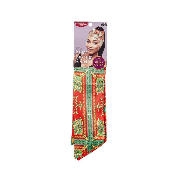 RED BEAUTY by KISS silky satin patterned red and green edge laying scarf for wigs packaged