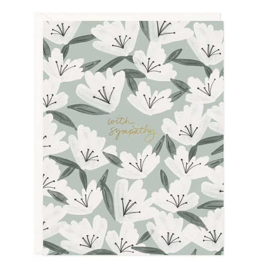 Sympathy greeting card with white flowers and green leaf pattern