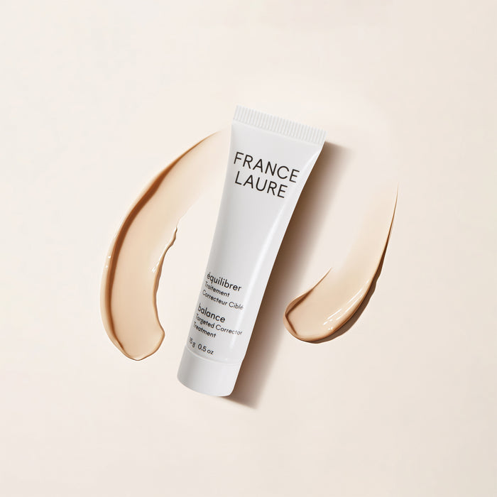 France Laure Balance Targeted Corrector Treatment tube with swatches showing creamy texture for skin tone correction and even complexion.