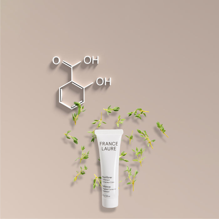 France Laure Balance Targeted Corrector Treatment tube with botanical sprigs and molecular structure on beige background