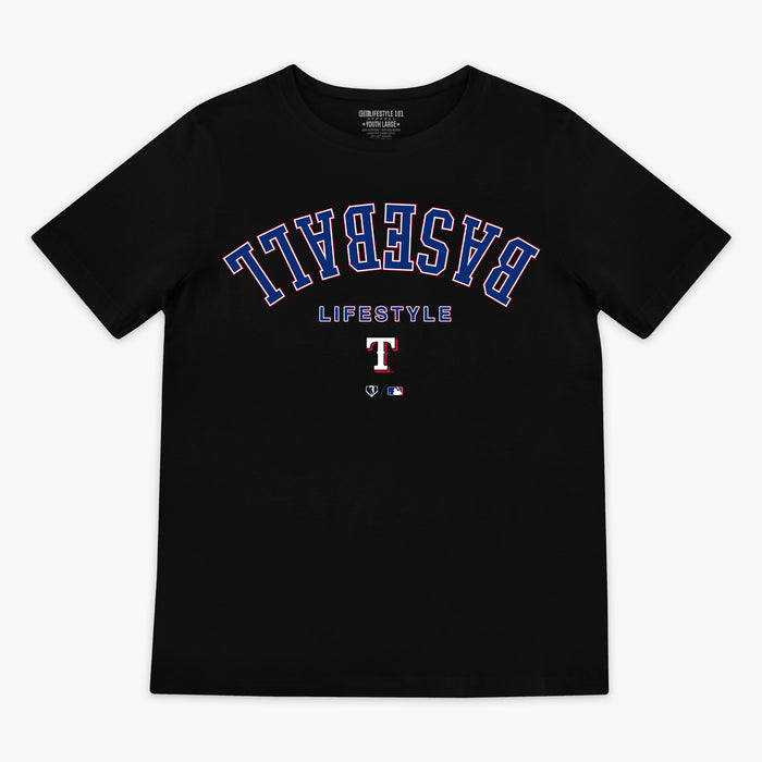 Black youth graphic tee with "Texas Rangers Upside Down" design — front view