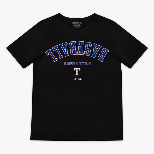 Black youth graphic tee with "Texas Rangers Upside Down" design — front view