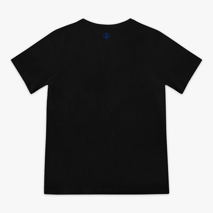 Black youth graphic tee with "Texas Rangers Upside Down" design — back view