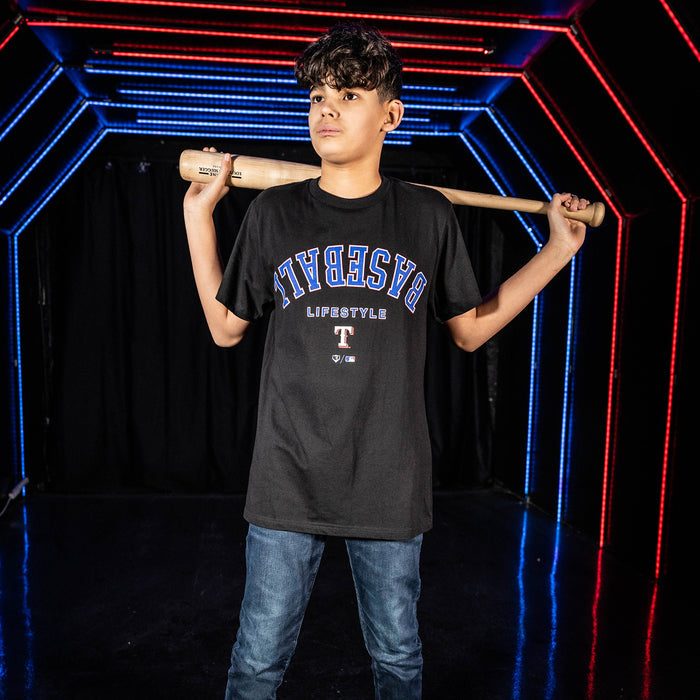 Youth model wearing black youth graphic tee with "Texas Rangers Upside Down" design