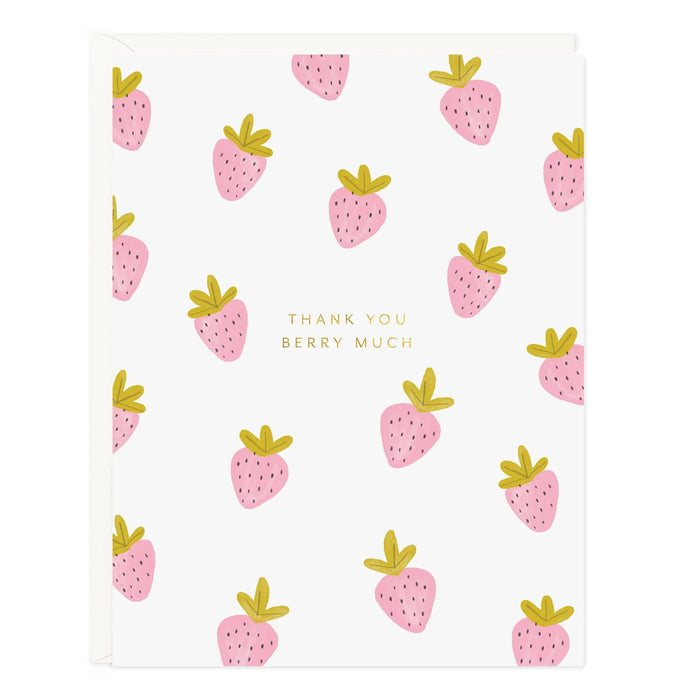 Thank you berry much greeting card with pink strawberry pattern and small gold accents