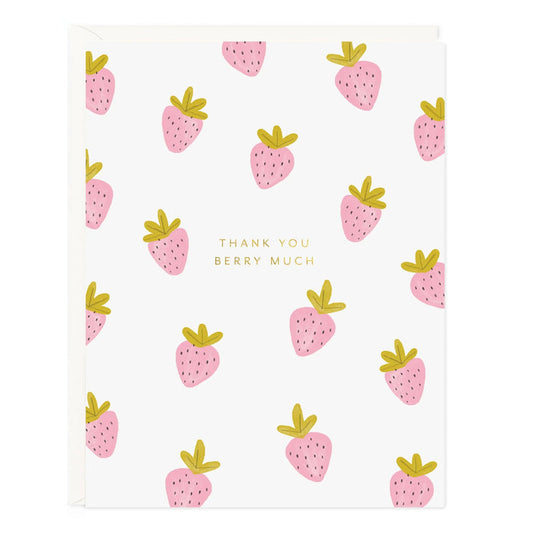 Thank you berry much greeting card with pink strawberry pattern and small gold accents