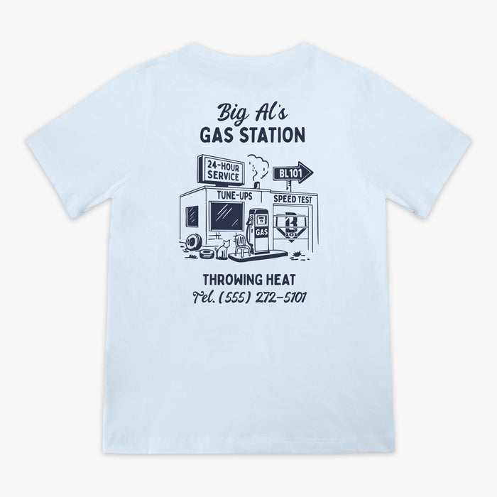 Blue youth graphic tee with “Throwing Heat” design — back view